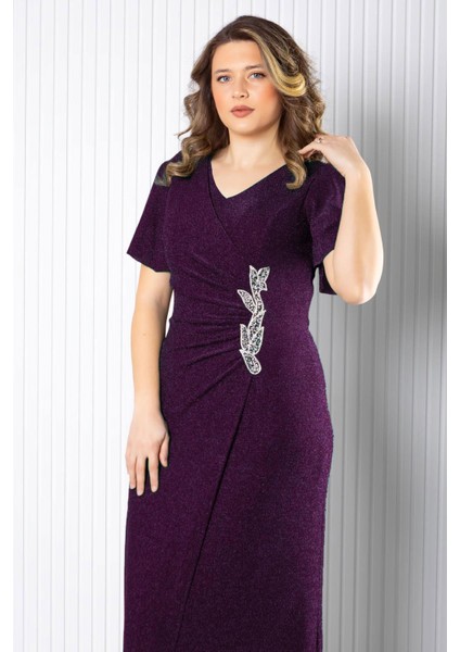 Taş Aksessuarlı Simli Abiye Mürdüm MDA2533 fırsatları