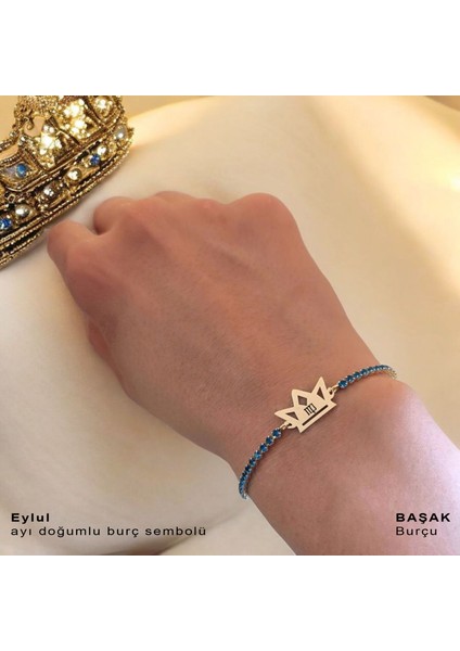 Eylül Ayı Doğumlarına Mavi Taş Desenli Taç Figürlü 14 Ayar Altın Plakalı Hediye Bileklik-466AY
