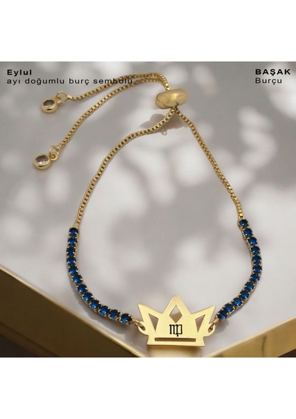 Eylül Ayı Doğumlarına Mavi Taş Desenli Taç Figürlü 14 Ayar Altın Plakalı Hediye Bileklik-466AY fiyatları