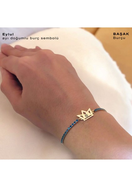 Eylül Ayı Doğumlarına Mavi Taş Desenli Taç Figürlü 14 Ayar Altın Plakalı Hediye Bileklik-466AY fırsatları