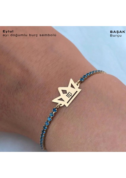 Eylül Ayı Doğumlarına Mavi Taş Desenli Taç Figürlü 14 Ayar Altın Plakalı Hediye Bileklik-466AY indirimleri