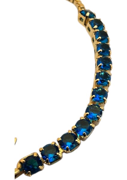 Eylül Ayı Doğumlarına Mavi Taş Desenli Taç Figürlü 14 Ayar Altın Plakalı Hediye Bileklik-466AY