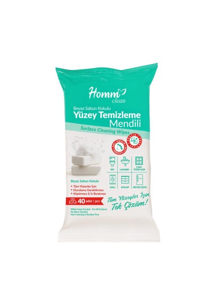 Homm Bitkisel Beyaz Sabun Kokulu Yüzey Temizleme Mendili 40 Adet