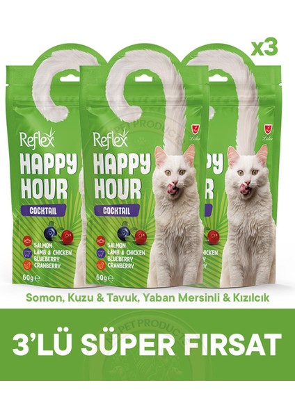 Happy Hour Cocktail Somon, Kuzu & Tavuk, Yaban Mersinli & Kızılcık 3lü Fırsat 3X60GR