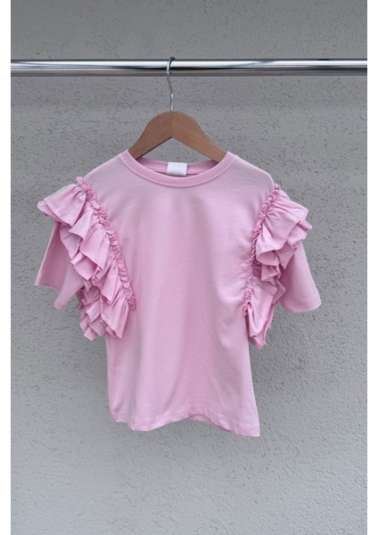 %100 Cotton Fırfırlı Kol Detaylı Kız Çocuk Tişört