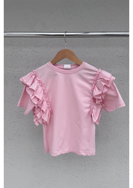 %100 Cotton Fırfırlı Kol Detaylı Kız Çocuk Tişört fiyatları