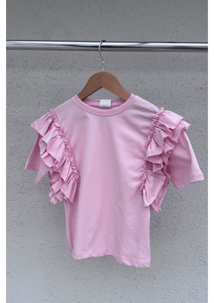 %100 Cotton Fırfırlı Kol Detaylı Kız Çocuk Tişört fırsatları