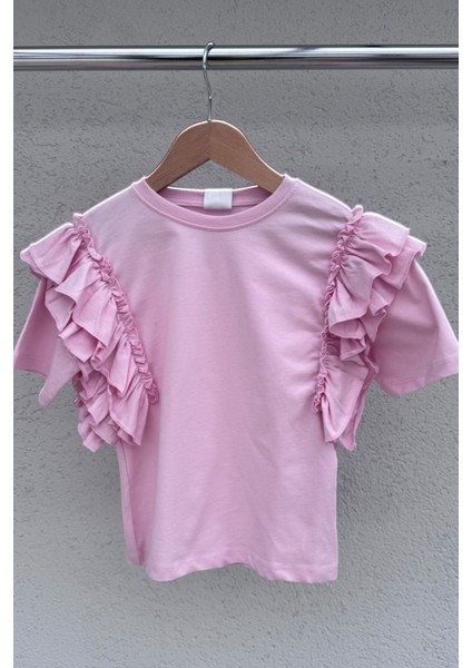 %100 Cotton Fırfırlı Kol Detaylı Kız Çocuk Tişört indirimleri