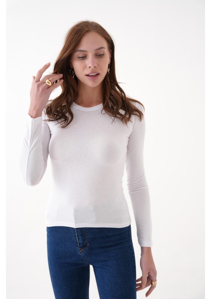 Bisiklet Yaka Beyaz Basic Uzun Kol Body / Bluz modelleri
