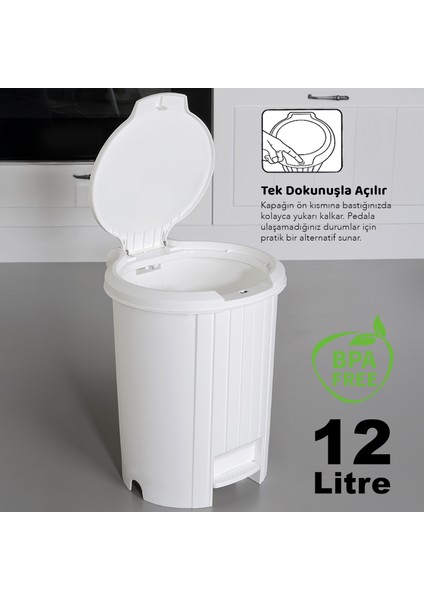 Bas Aç Kapaklı Çöp Kovası - Click Kapak Pedallı Çöp Kovası Banyo Mutfak Çöp Kovası 12 Litre Beyaz fiyatları