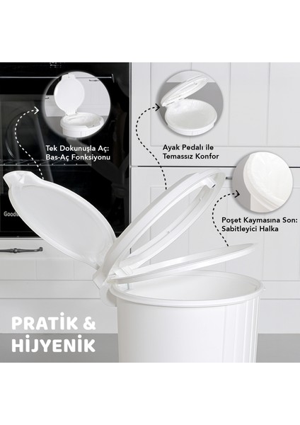 Bas Aç Kapaklı Çöp Kovası - Click Kapak Pedallı Çöp Kovası Banyo Mutfak Çöp Kovası 12 Litre Beyaz modelleri