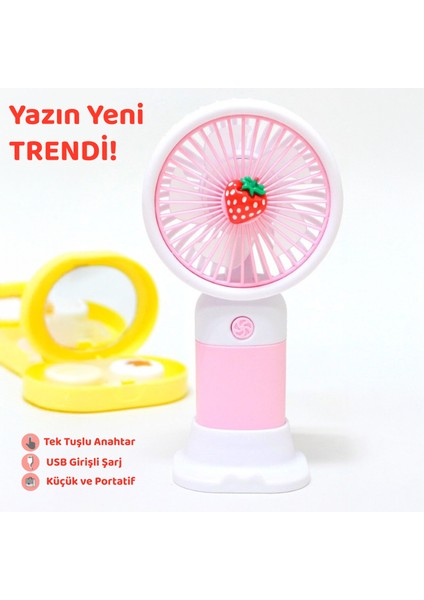 Çilek Figürlü Şarjlı El Fanı - Standlı Taşınabilir Şarj Edilebilir Soğutucu Mini Masa Fanı Pembe fırsatları