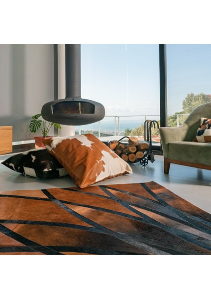 %100 Doğal Dana Derisi Kaymaz Taban Premium Patchwork Halı - Kahverengi - Siyah modelleri
