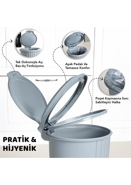 Bas Aç Kapaklı Çöp Kovası - Click Kapak Pedallı Çöp Kovası Banyo Mutfak Çöp Kovası 12 Litre Gri modelleri