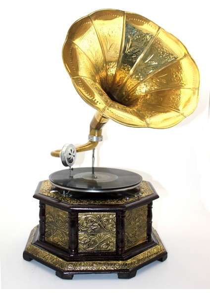 Ahşap Sekizgen Gramofon Taş Plak Çalar Metal Kaplamalı