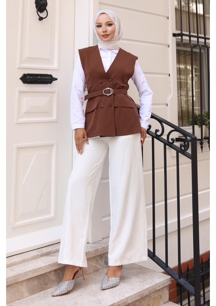 V Yaka Yelekli Takım Kahverengi 19254