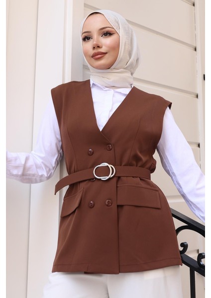 V Yaka Yelekli Takım Kahverengi 19254 fiyatları