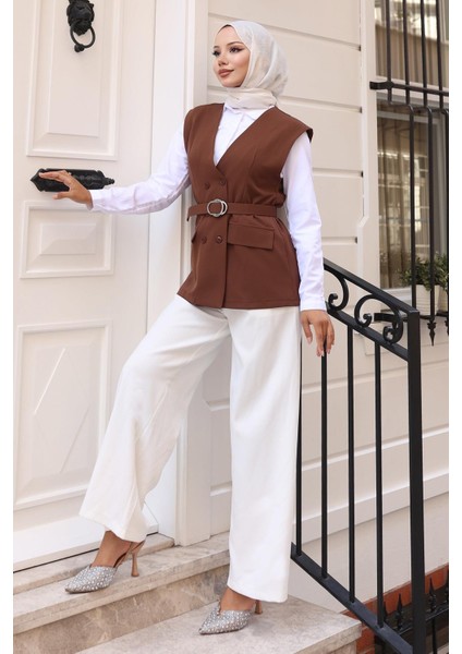 V Yaka Yelekli Takım Kahverengi 19254 modelleri