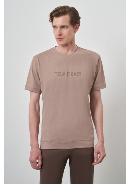 Erkek Bej Trend Bisiklet Yaka Baskılı Tshirt