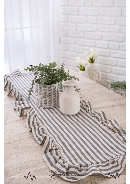 40X125 Şık Tasarım Ekstra Büyük Gri Çizgili Fırfırlı Runner, %100 Keten Runner, Dekoratif Runner fiyatları