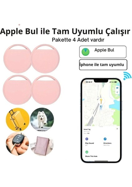 Smart Tag Pembe Mfı Sertifikalı Akıllı Takip Cihazı 4lü Paket Ios Apple Bul Uyumlu Airtag