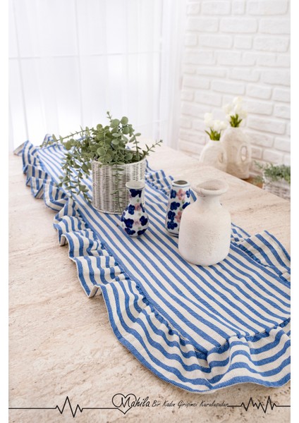40X125 Şık Tasarım Ekstra Büyük Lacivert Çizgili Fırfırlı Runner, %100 Keten Runner, Dekoratif Runner