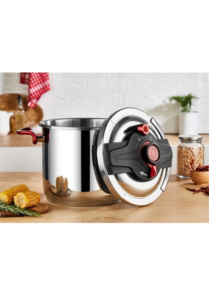5106 - 2 Parça, Indüksiyonlu, Matik, 26 cm - 12 Litre Düdüklü Tencere Gümüş - Kırmızı Renk