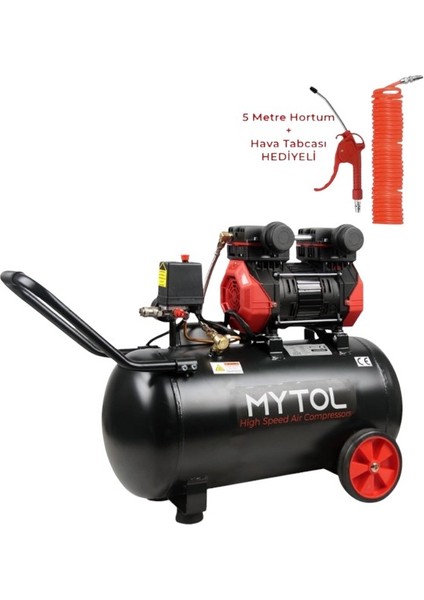 MYK501 Yüksek Hızlı 50L. 1,5hp Yağsız Kompresör 5mt. Hava Hortumu ve Hava Tabancası Hediyeli