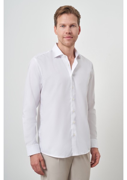 Erkek Beyaz Pamuk Trend Slim Fit Dar Kesim Non Iron Gömlek