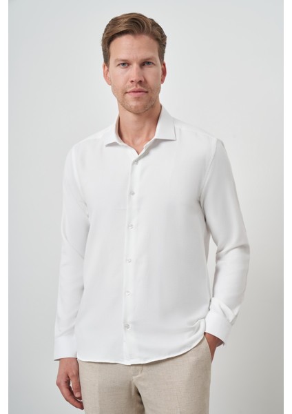 Erkek Kırık Beyaz Slim Fit Italyan Yaka Gömlek