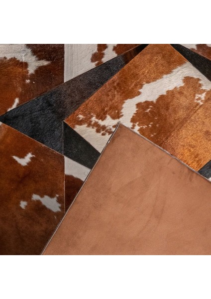 %100 Doğal Dana Derisi Kaymaz Taban Premium Patchwork Halı - Kahverengi Beyaz Siyah indirimleri