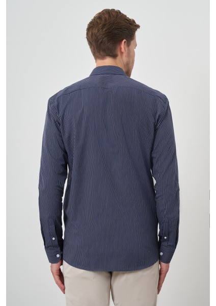 Erkek Lacivert Pamuk Trend Slim Fit Sert Yaka Gömlek