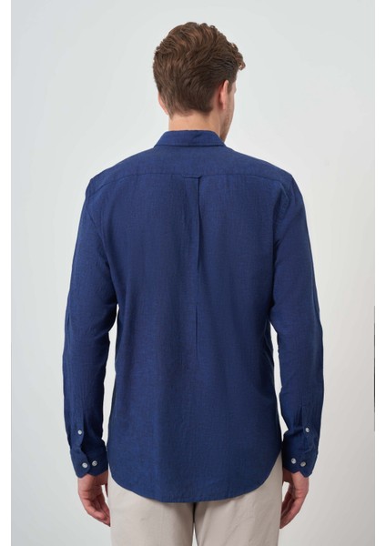 Erkek Indigo Keten Trend Dynamic Fit Düğmeli Yaka Gömlek