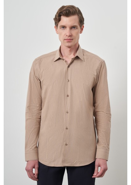 Erkek Bej Pamuk Trend Slim Fit Sert Yaka Gömlek