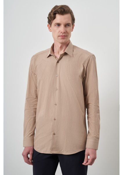 Erkek Bej Pamuk Trend Slim Fit Sert Yaka Gömlek