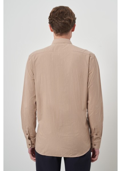 Erkek Bej Pamuk Trend Slim Fit Sert Yaka Gömlek