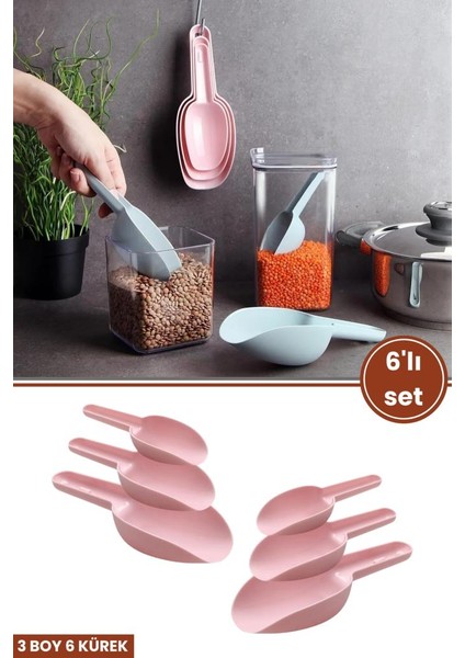 6 Adet Baharat Küreği, Un Şeker Bakliyat Kakao Mama Deterjan Erzak Kaşığı 6’lı Set 2x(3 Boy) Pembe