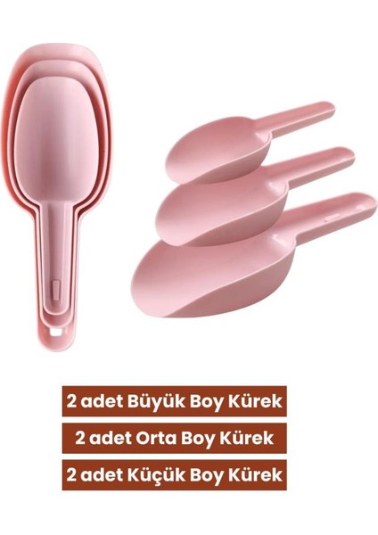 6 Adet Baharat Küreği, Un Şeker Bakliyat Kakao Mama Deterjan Erzak Kaşığı 6’lı Set 2x(3 Boy) Pembe
