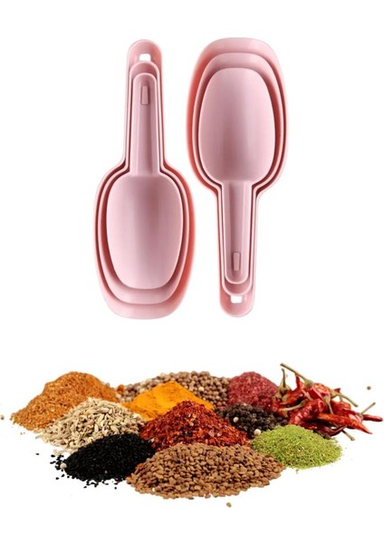 6 Adet Baharat Küreği, Un Şeker Bakliyat Kakao Mama Deterjan Erzak Kaşığı 6’lı Set 2x(3 Boy) Pembe