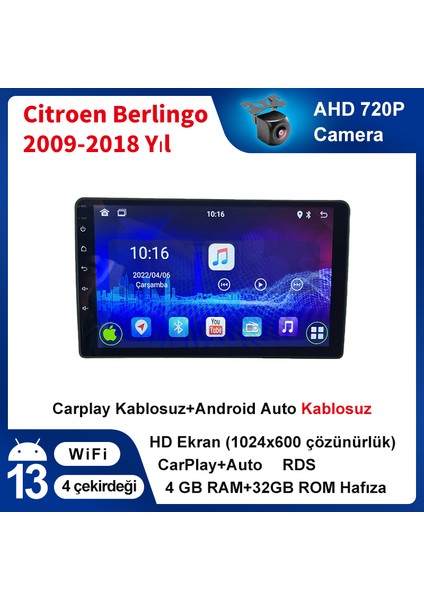 Citroen Berlingo 2009-2018 Yıl Uyumlu 9 Inç 4 GB Ram 32 GB Hafıza Multimedya Carplay Navigasyon