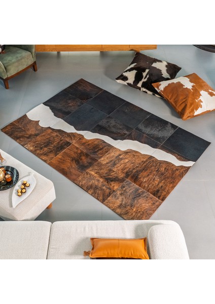 %100 Doğal Dana Derisi Kaymaz Taban Premium Patchwork Halı - Kahverengi Beyaz