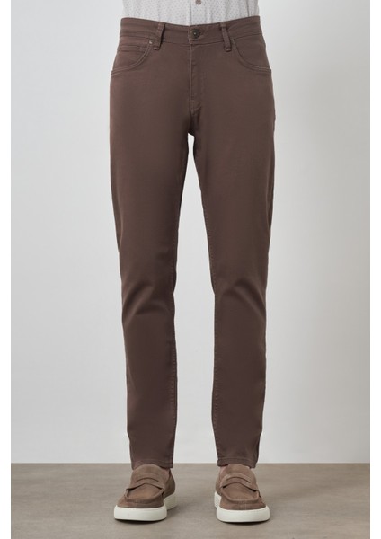 Erkek Kahve Pamuk 5 Cep Slim Fit Jean Kot Pantolon