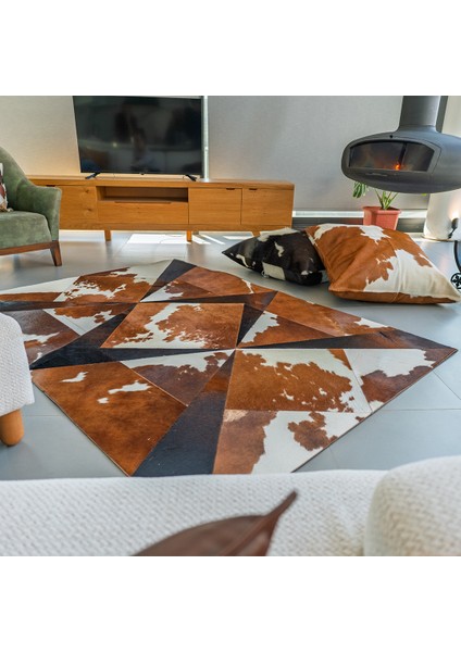 %100 Doğal Dana Derisi Kaymaz Taban Premium Patchwork Halı - Kahverengi Beyaz Siyah fiyatları
