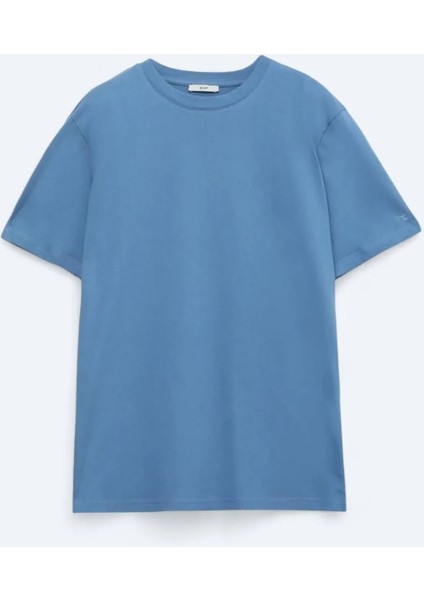 Indigo Bisiklet Yaka %100 Pamuk T-Shirt