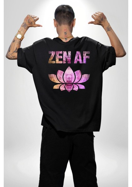 Zen Af Ruhunuza Huzur Katan Tasarım Yoga Siyah Oversize Kadın Erkek Ön ve Sırt Baskılı Tişört fiyatları