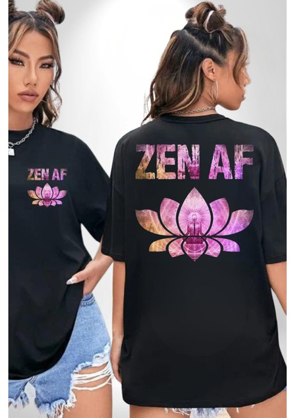 Zen Af Ruhunuza Huzur Katan Tasarım Yoga Siyah Oversize Kadın Erkek Ön ve Sırt Baskılı Tişört fırsatları