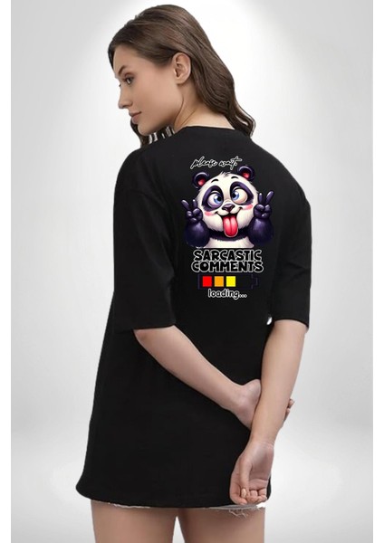 Eğlenceli Panda Mizahi Yükleniyor Yükleme Durumu Siyah Oversize Kadın Erkek Ön ve Sırt Baskılı Tişört fiyatları