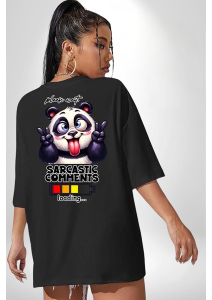 Eğlenceli Panda Mizahi Yükleniyor Yükleme Durumu Siyah Oversize Kadın Erkek Ön ve Sırt Baskılı Tişört indirimleri