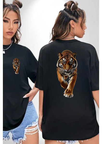 Güçlü Kaplan Desenli Doğa Vahşi Yaşam Siyah Oversize Kadın Erkek Ön ve Sırt Baskılı Tişört