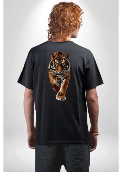 Güçlü Kaplan Desenli Doğa Vahşi Yaşam Siyah Oversize Kadın Erkek Ön ve Sırt Baskılı Tişört fiyatları